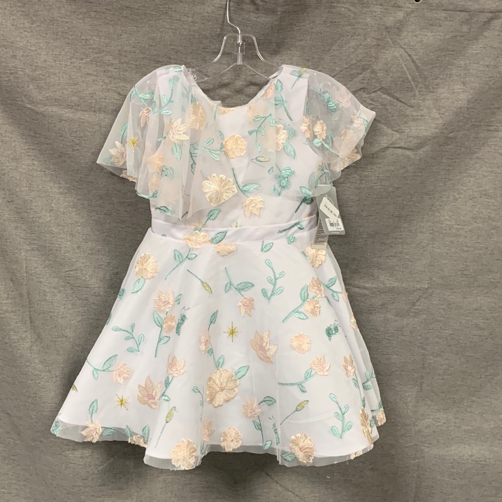 New Disney Floral Princess Short Sleeve Sheer Cape Zippered Back Flowy Dress